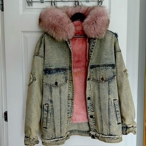 Denim jacket natural fur lined jacket coat  women winter coats Women's fur coat